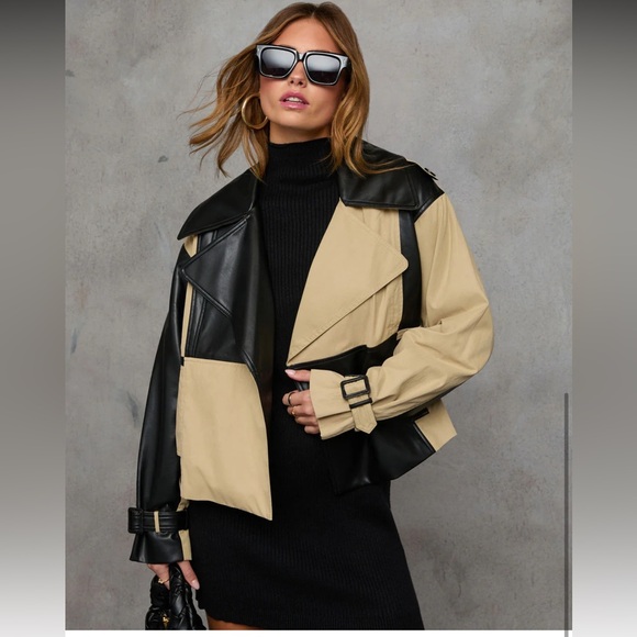 NEW ✨TRENDING Block Vegan Leather Trench Cropped Jacket!! - Picture 3 of 4